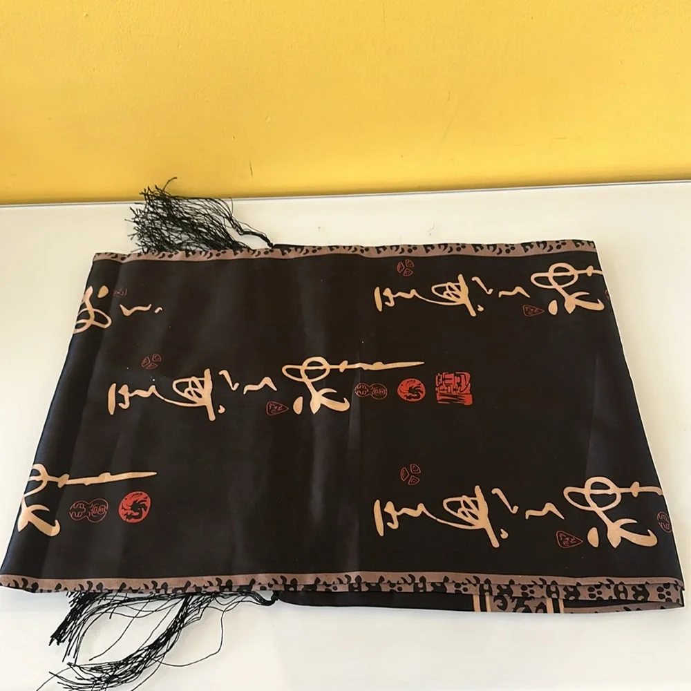 Black 100% Silk Scarf with Fringe Gold Asian Motif Print